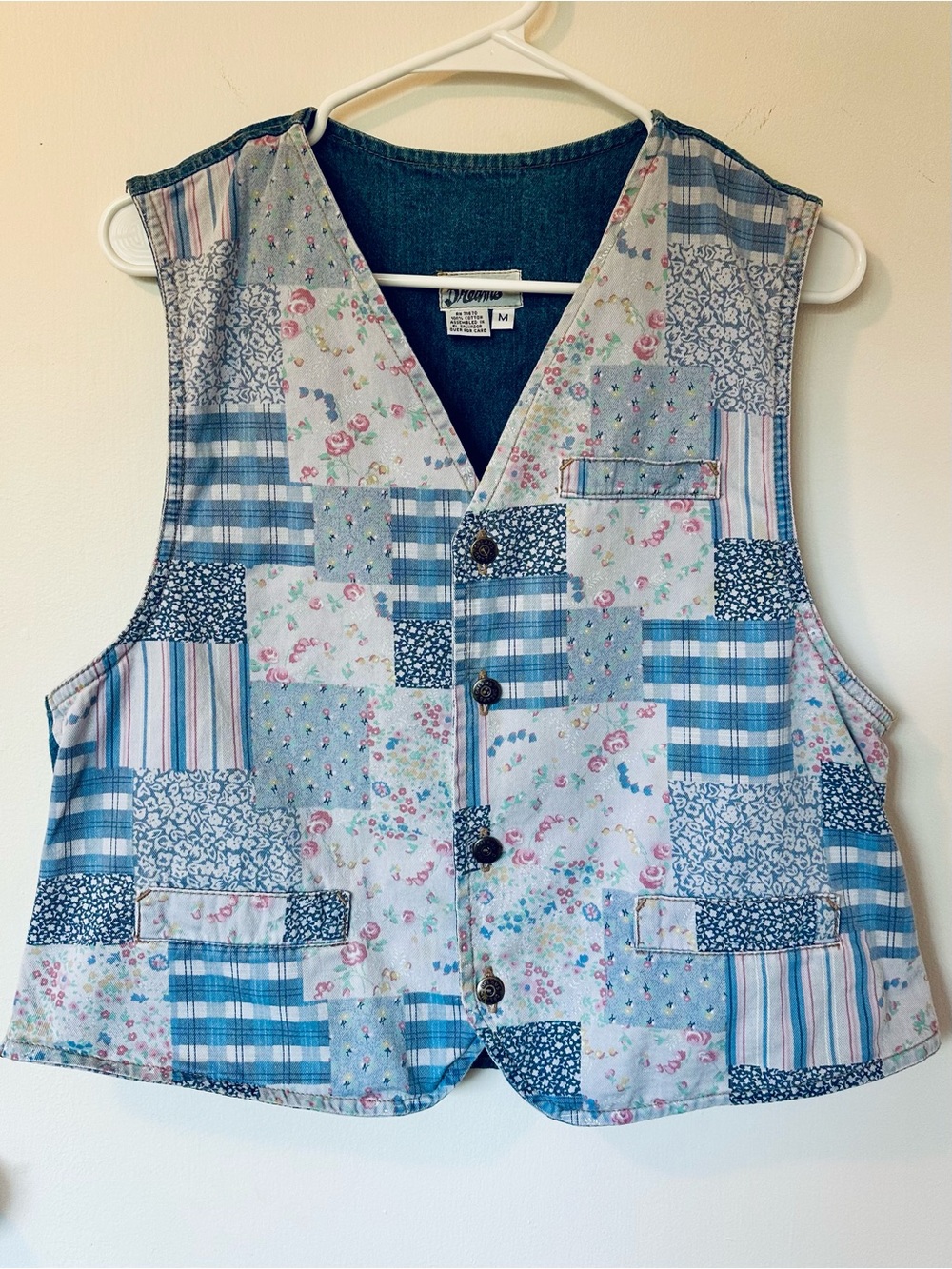 Denim Floral Patchwork Vest - Light Blue & Pink